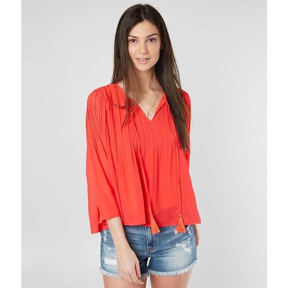 Miss Me Red Pleated Tassel Tie Blouse Size M Boho Festival Top Flowy Sheer - Picture 1 of 11